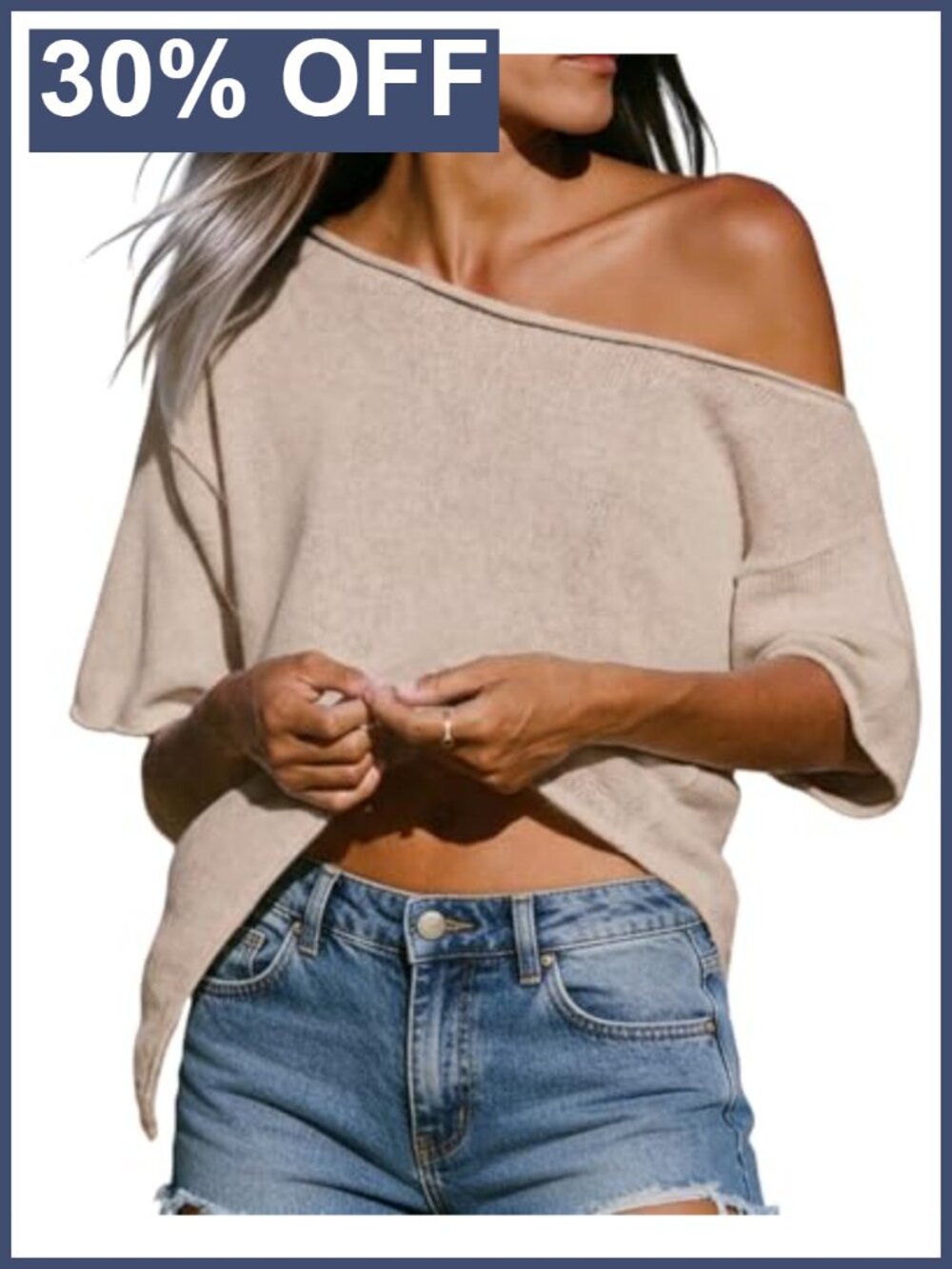 Off Shoulder Crochet Knit Top Side Split Asymmetrical Short Sleeve Summer